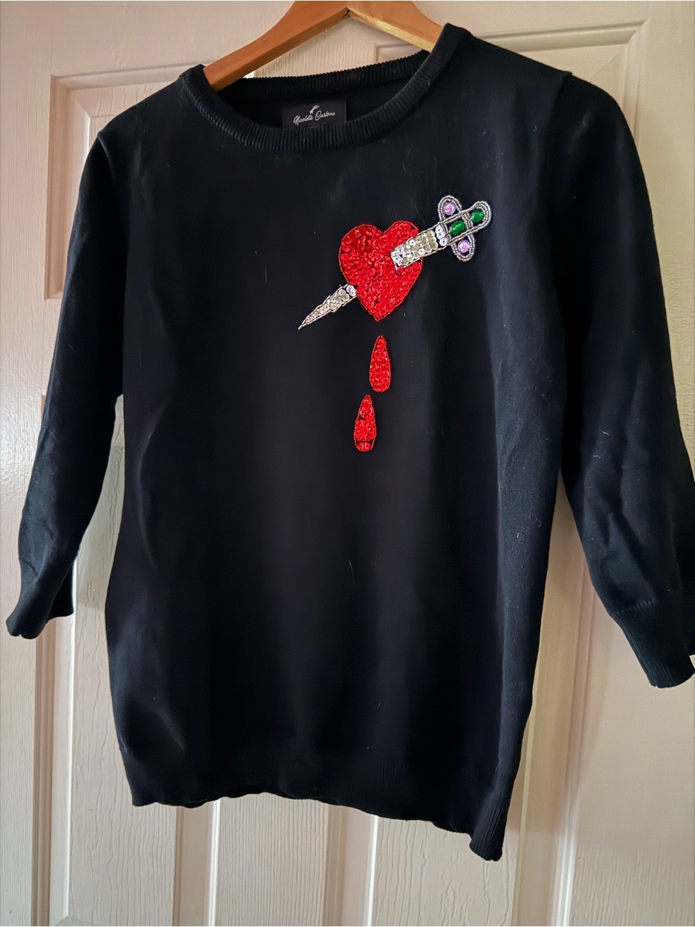 Black Crewneck Sweater with Embellished Red Heart and Dagger fit like Large